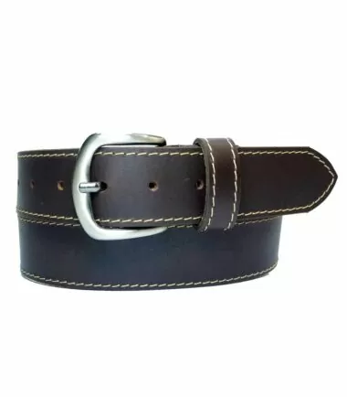 dark brown leather belt with white stitches